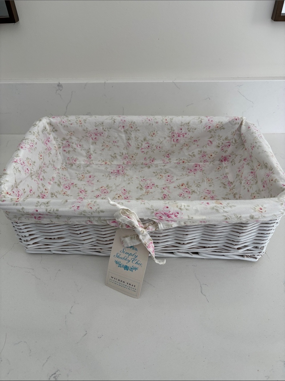 Simply Shabby Chic White Wicker Basket with Pink Floral Liner